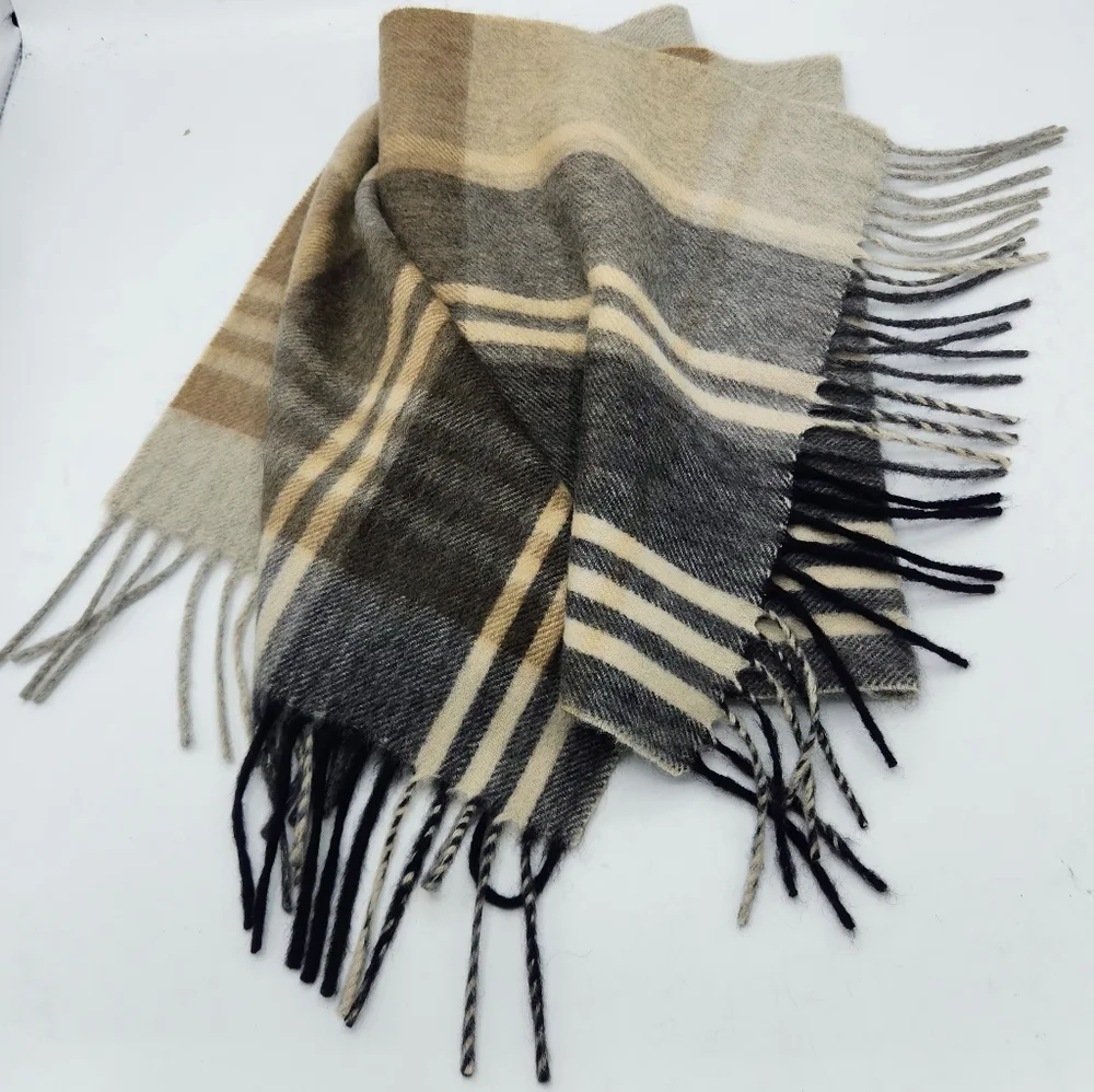 Joseph A Bank Cashmere Plaid Scarf In Cream Brown Tan Grey With Frange 70